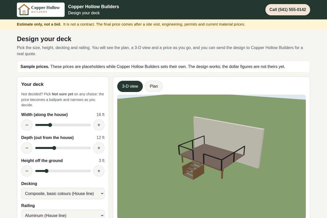 A deck taking shape in the 3-D project designer on our sample contractor site