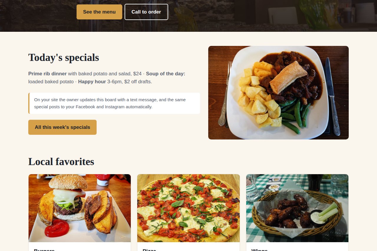 A sample restaurant website with today&rsquo;s specials and menu