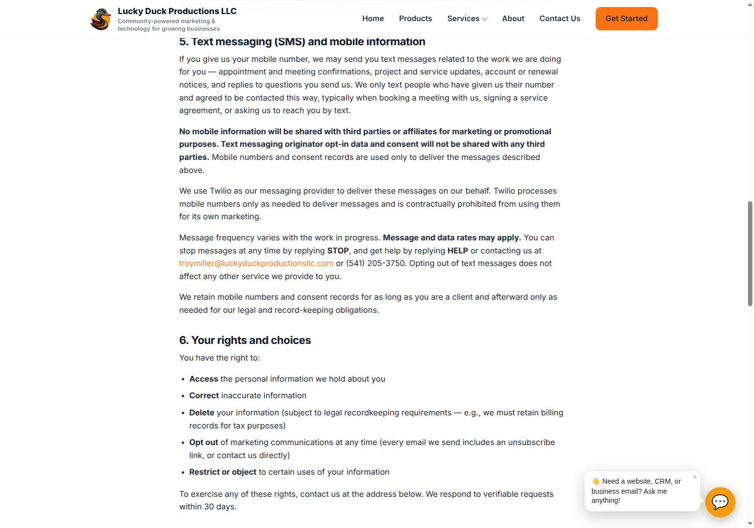 Section 5 of the Lucky Duck Productions LLC privacy policy, covering text messaging and mobile information.