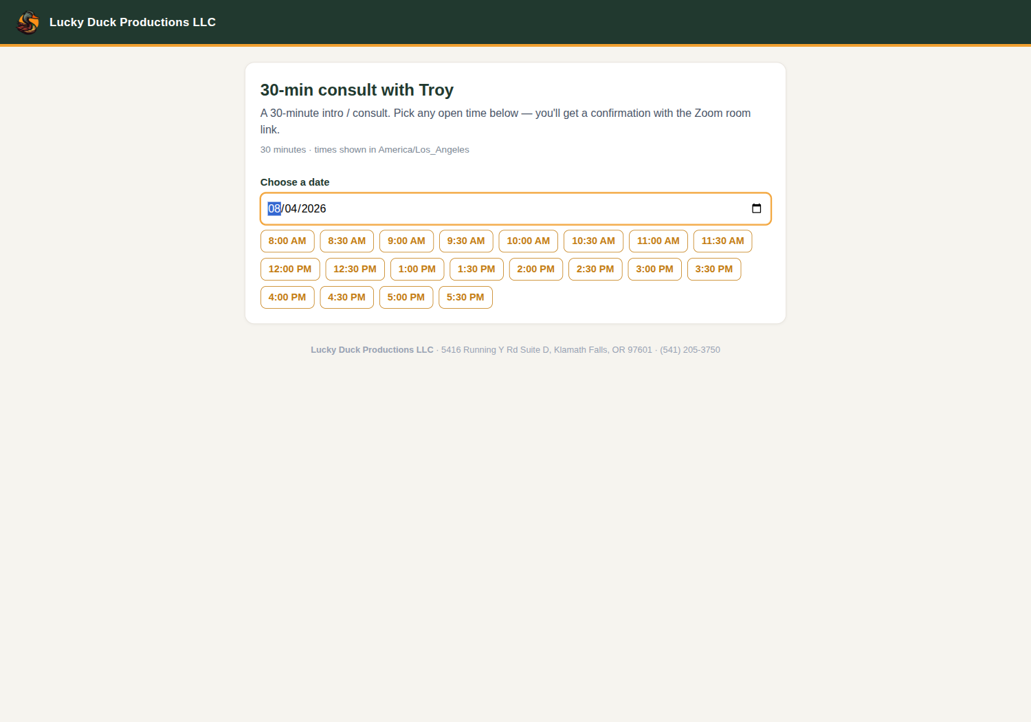Step 1 of the Lucky Duck Productions booking form: choosing a date shows the open appointment times.