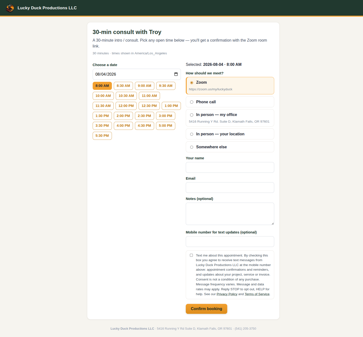 Step 2 of the booking form: meeting type, name, email, notes, an optional mobile number field, and the unchecked SMS consent checkbox below it.