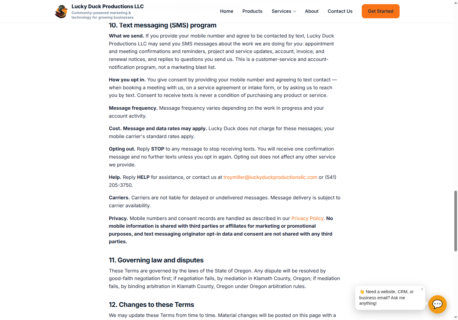 Section 10 of the Lucky Duck Productions LLC terms of service, covering the text messaging program.